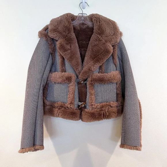 Opening Ceremony Reversible Faux Fur Houndstooth Short Preppy Classic Coat XS - Picture 2 of 10